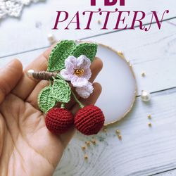 Cherry pin Crochet PATTERN PDF, Cherry blossom brooch, red fruit pin