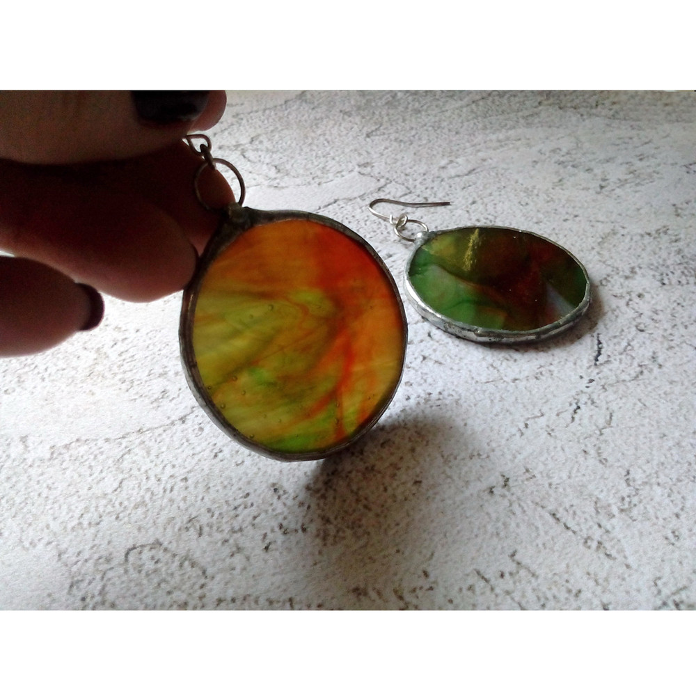 Stained-glass-green-round-earrings-Dangle-Geometric-earrings-2