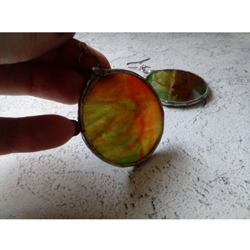 Stained-glass-green-round-earrings-Dangle-Geometric-earrings-4