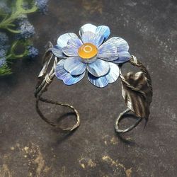 Blue flower bracelet / Cuff bracelet / Titanium jewelry / Floral bracelet jewelry