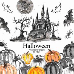Watercolor Halloween clipart, Pumpkin Watercolor clipart, Bat, PNG, Halloween, Hand Painted, Haunted house