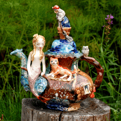 fairy teapot mermaid,cat,baba yaga figurine teapot fine art ceramics handmade sculpture tales pushkin porcelain teapot