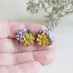 clay tiny succulent earrings studs. polymer clay jewelry. succulent jewelry. plant lover gift. hens and chicks. handmade