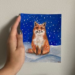 Red Fox Gouache Painting, Original Red Fox Gouache Art, Fox Wall Decor, Fox In The Snow, Fat Fox