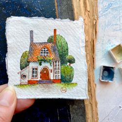 Cottage painting Original art Collectable watercolor Mini wall art by Rubinova