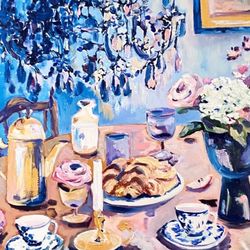 Afternoon tea time Still life Original oil painting on canvas Antique chandelier Food and tea painting Fauvism Wall art