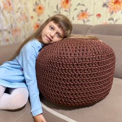 Large round crochet pouf. Handmade ottoman, floor pillow. Brown nursery footstool. Custom many sizes colors pouf