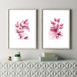 Original watercolor painting set of 2 Floral wall art Pink abstract flowers for Bedroom Living room Girl room wall decor