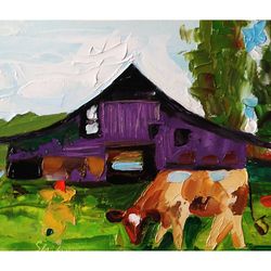 Barn Oil Painting Cow Original Art Home Painting 3D Wall Art Impasto Textured Painting Tree ACEO by FusionArtCreation