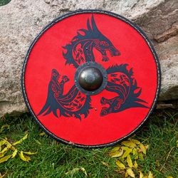 Fenrir red wolf viking round shield Authentic celtic battle medieval shield Larp shield for viking or medieval reenactme