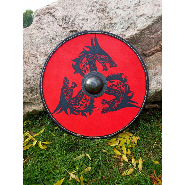 Fenrir red wolf viking round shield Authentic celtic battle medieval shield Larp shield for viking or medieval reenactment.jpg