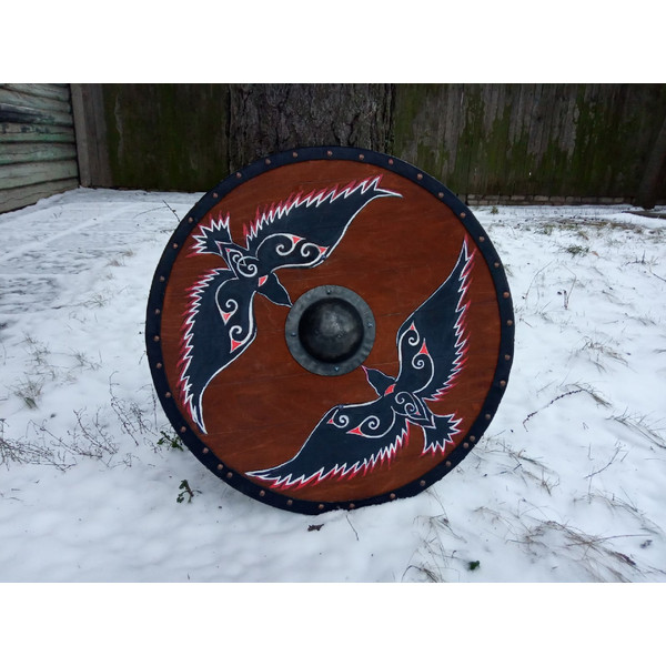 Viking combat shield Double ravens viking shield wall decor Larp vikings round shield.jpg