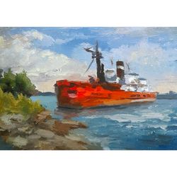 Barge Painting Caribbean Original Fine Art Ship Seascape Miniature Artwork 3,5 by 5" by Svetlana