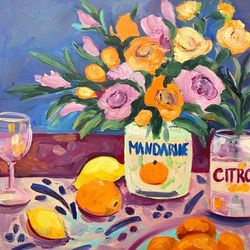 Still life with Mandarins and Roses Original oil painting on canvas Fauvism art Flowers bouquet painting Soul art Decor