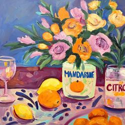 still life with mandarins and roses original oil painting on canvas fauvism art flowers bouquet painting soul art decor
