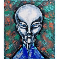 Alien Painting Space Original Art UFO Artwork Fantasy Wall Art Boy Room Decor Oil Canvas 16 by 14 inch ARTbyAnnaSt