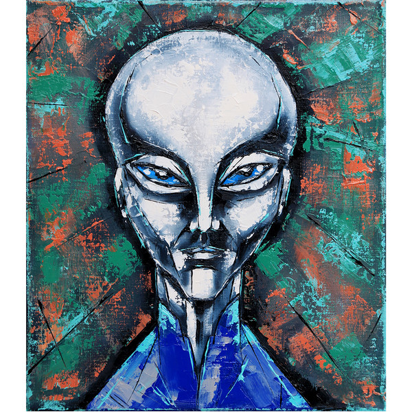 Alien Painting Space Original Art UFO Artwork Fantasy Wall Art Oil Canvas.jpg