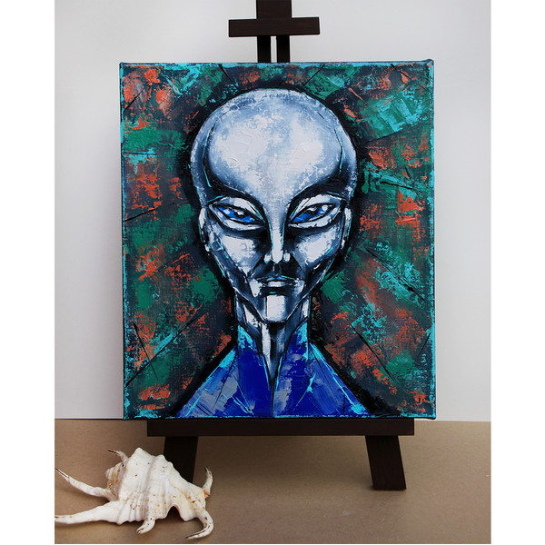 Alien Painting Space Original Art UFO Artwork Fantasy Wall Art Oil Canvas_5.jpg