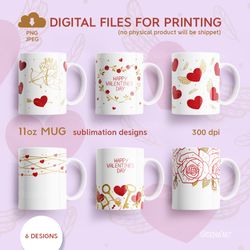 Valentines Bundle, 11oz Mug Sublimation Designs with Hearts, Cupid, Roses, PNG JPEG Digital Download