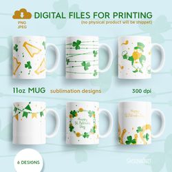 St. Patrick Day Bundle, 11oz Mug Sublimation Designs With Leprechaun, Clover, Coin, PNG JPEG Digital Download