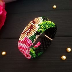 Glass Seed Bead Crochet Bracelet , Seed bead bracelet , Flowers bracelet