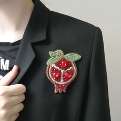 Red pomegranate fruit beaded brooch for women