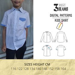 Kids shirt PDF sewing patterns long sleeve / short sleeve medium-fit shirt / polo shirt/  size 116-164cm height