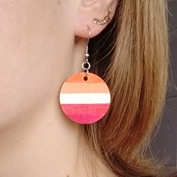 Lesbian earrings handmade. Hand painted wooden round earrings. Wooden lesbian pride earrings for women.