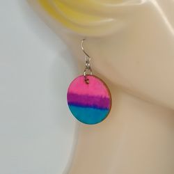 Bi earrings handmade. Hand painted wooden round earrings. Wooden bi pride earrings for women. Bisexual earrings circle
