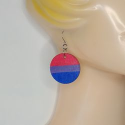 Bi earrings handmade. Hand painted wooden round earrings. Wooden bisexual pride earrings for women. Bi earrings circle