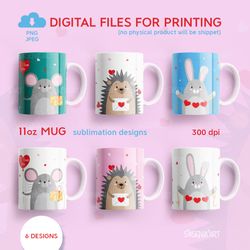 Valentines Animals Bundle, 11 Oz Mug Sublimation Designs With Mouse, Hare, Hedgehog, PNG JPEG Digital Download