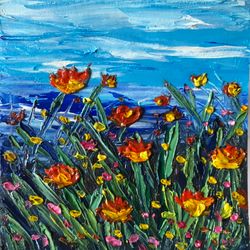 Poppy field small painting impasto wall art Original oil painting 4x4 inches