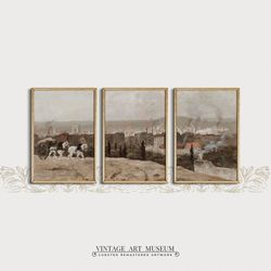 French Cityscape Painting Triptych Wall Art Download, Antique Parisian View 3 pieces Muted Landscape, PRINTABLE | 294 S3