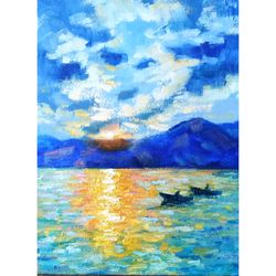 seascape painting sunset original art boat artwork impasto oil wall art 8x6 by sonnegold