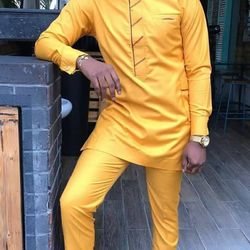 African Attire Men | African Suit| Kaftan African Men Shirt and Pant Yellow | Dashiki Men Suit| Senator Wear
