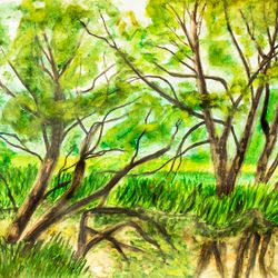 Summer landscape Willow trees near river original watercolor painting