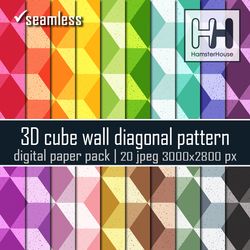 3D cube wall diagonal pattern, seamless paper pack, 20 color variations