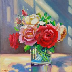 Beautiful Red Roses Flowers Oil Art On Canvas