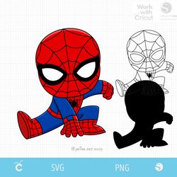 Chibi Spidey baby cut file, Classic Spider man Svg, Spiderman colouring, Cartoon Spider boy