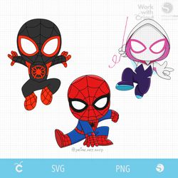 spidey friends superhero svg, ghost spider svg, baby spiderman svg, baby morales black spiderman svg, coloring spiders