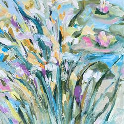 landscape painting original oil painting on canvas expressionism impressionism water lilies flowers painting decor gift