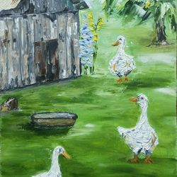 barn painting farm original art geese picture rural landscape farm wall art birds wall decor barn artwork oil painting