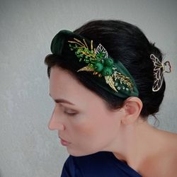 Green headband for woman, beaded crystal headband for girls, velvet embroidery headband, wedding headband, tie headband