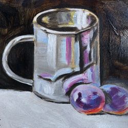 A cup and plums modern wall art still life Original oil painting 6x5 inches