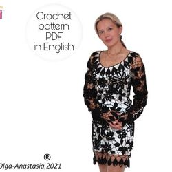 Wedding black dress Irish lace crochet pattern , crochet pattern , crochet  dress  pattern , crochet flower pattern .