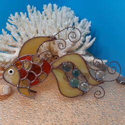 Stained glass goldfish sculpture, gift koi fish miniatura, golden fish decor