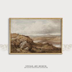 Mountain Landscape Painting, Antique Muted Beige Wall Art, PRINTABLE Digital Decor | 217