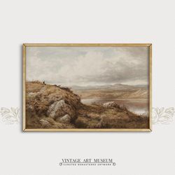 mountain landscape painting, antique muted beige wall art, printable digital decor | 217