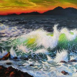 Sea sunset oil painting Sea original Art seascape