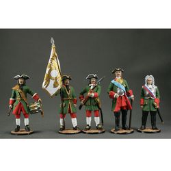 set 5 toy tin soldiers Army of Peter I. Russia 18th century. Hand Painted miniature figurine 54 mm